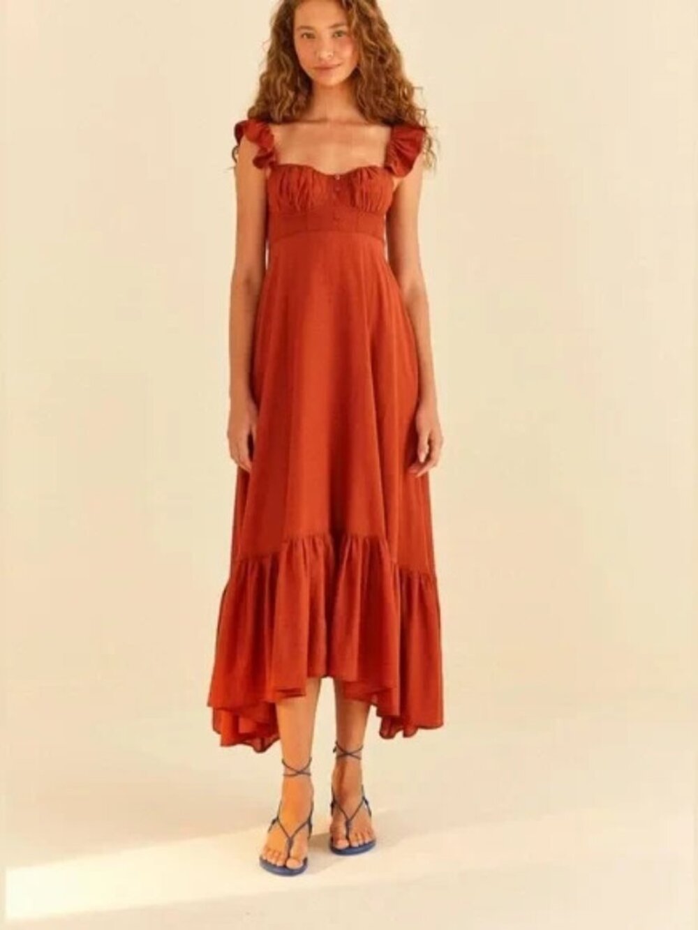 Farm Rio Cinnamon/Rust Flutter Strap Maxi Dress Ruffle Hem Bustier Top Size L